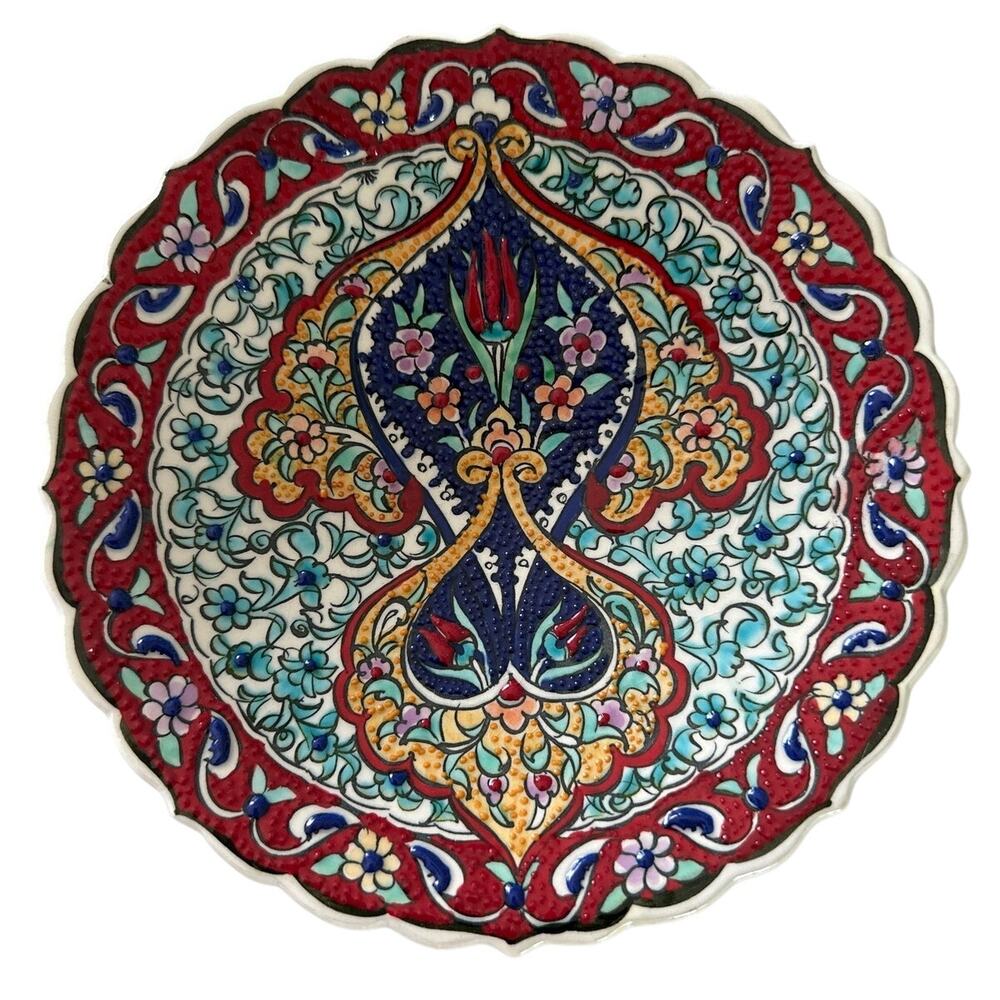 Vintage Hand-Painted Turkish Iznik Style 12" Decorative Ceramic Wall Plate